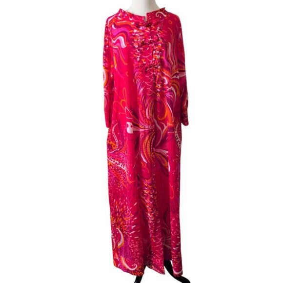 Vintage 60s 70s Hollywood Dress Robe L-XL Psychedelic Nightgown Groovy Boho Chic - Picture 2 of 16